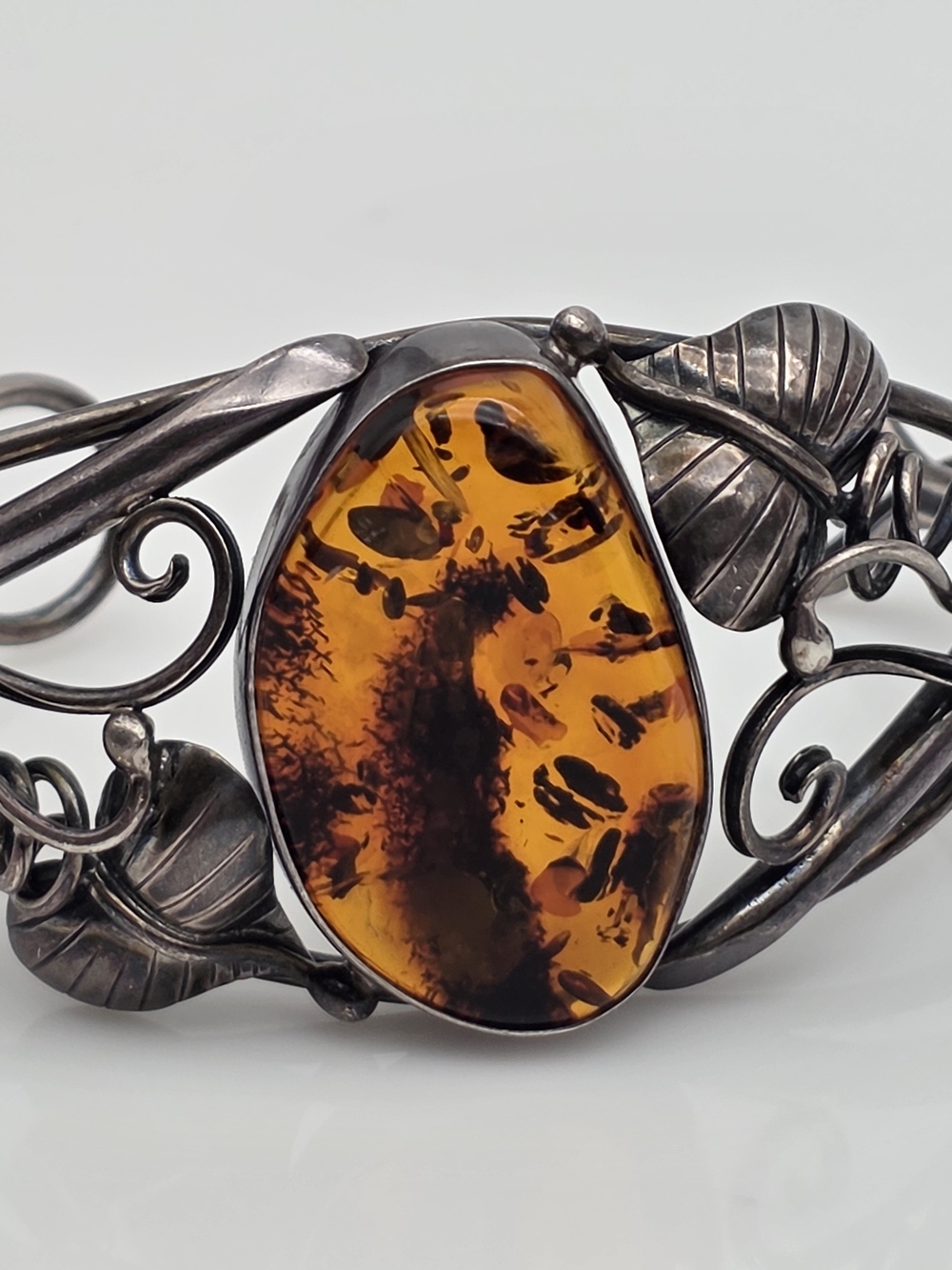 Artisan Amber & Sterling Silver Leaf Cuff Bracelet - Amber